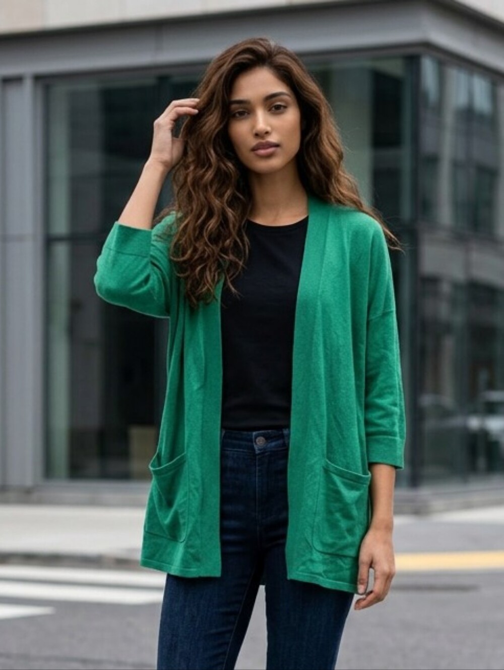 Isaac Mizrahi Green Cardigan Sweater Open Front Pockets Medium Color Pop Work